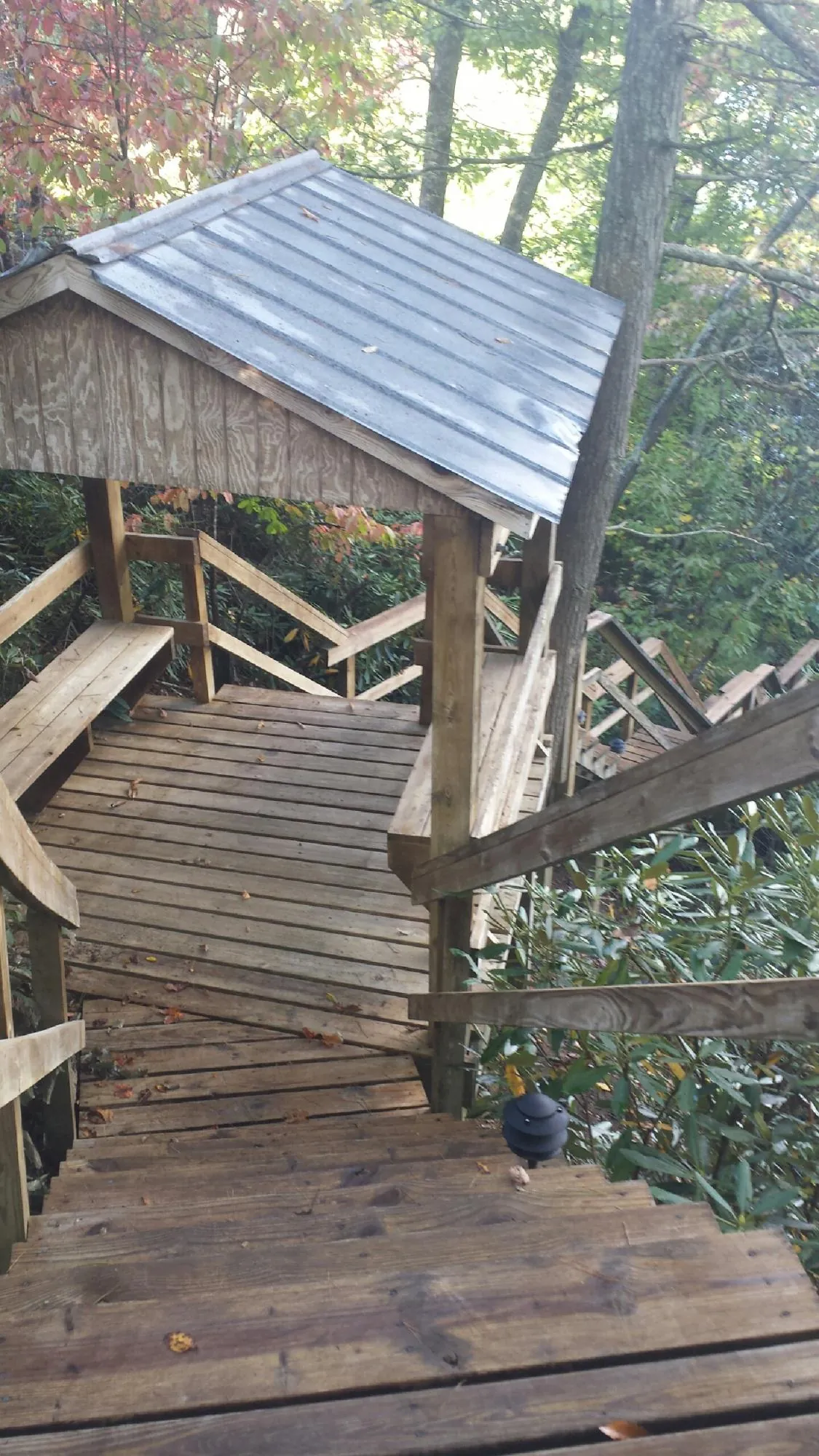 Metal roofed shelter over wooden steps on a wooded walkway — Skylight Repair & Installation work by our crew in Grandview